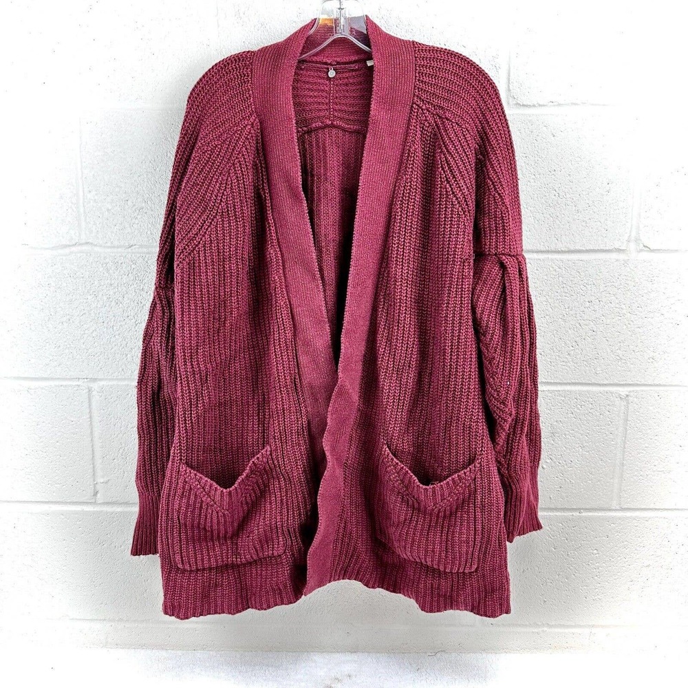 Anthropologie Knitted & Knotted Posie Longline Cardigan Puff Sleeves Red Sz M
